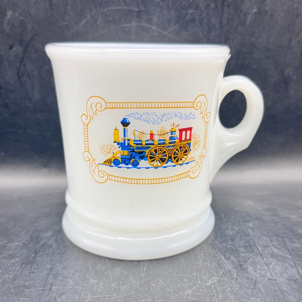 Vtg 1970s Avon Milk Glass Shaving Mug Steam Locomotive Train Graphic 8 oz